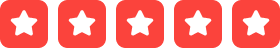 Five-star rating in white stars with reddish background